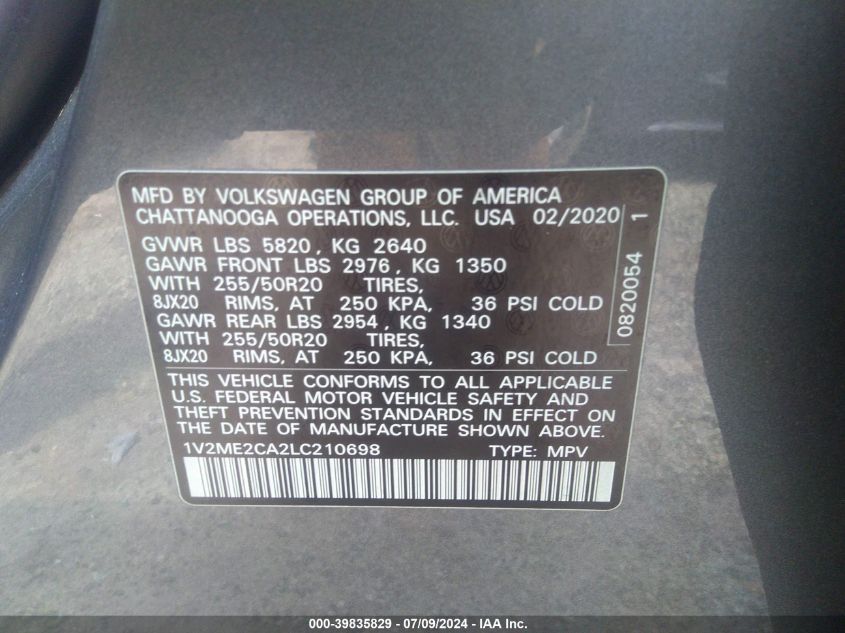 1V2ME2CA2LC210698 2020 Volkswagen Atlas Cross Sport 3.6L V6 Sel