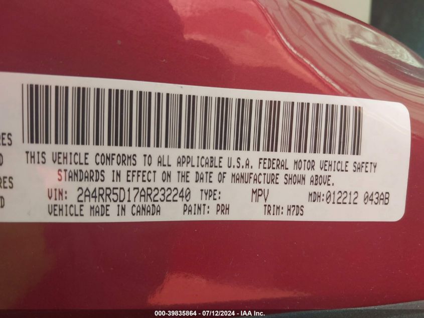 2010 Chrysler Town & Country Touring VIN: 2A4RR5D17AR232240 Lot: 39835864