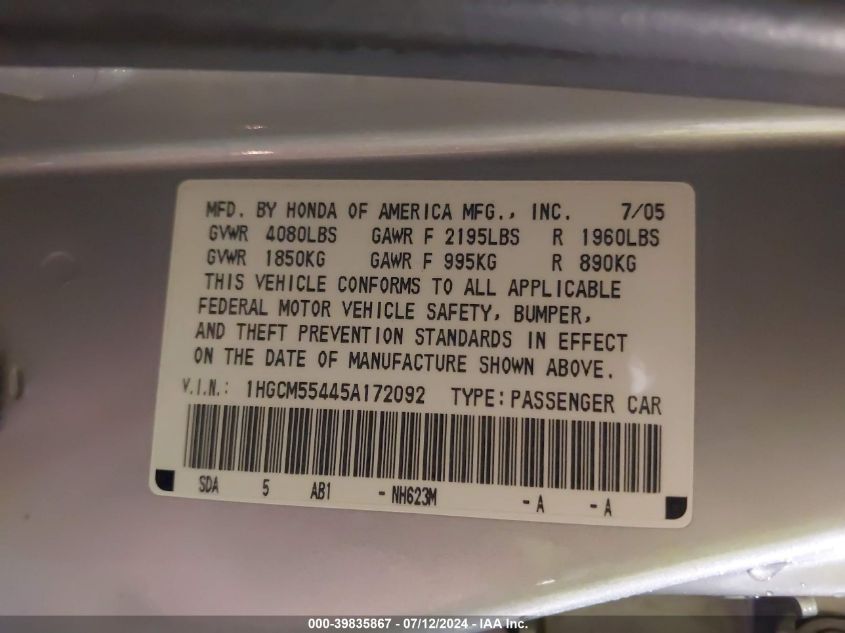 2005 Honda Accord 2.4 Lx VIN: 1HGCM55445A172092 Lot: 39835867