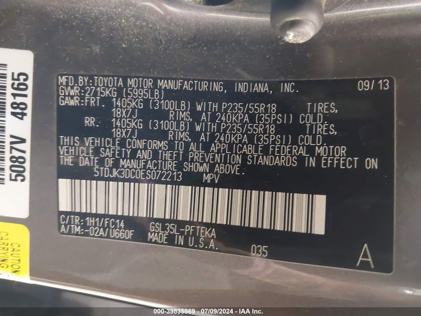 2014 Toyota Sienna Le 7 Passenger VIN: 5TDJK3DC0ES072213 Lot: 39835869