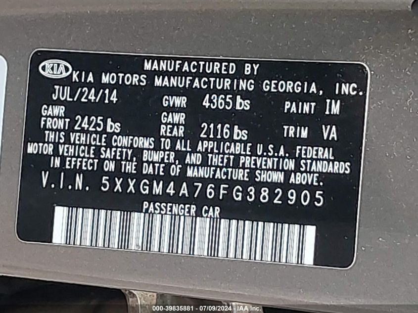 2015 Kia Optima Lx VIN: 5XXGM4A76FG382905 Lot: 39835881