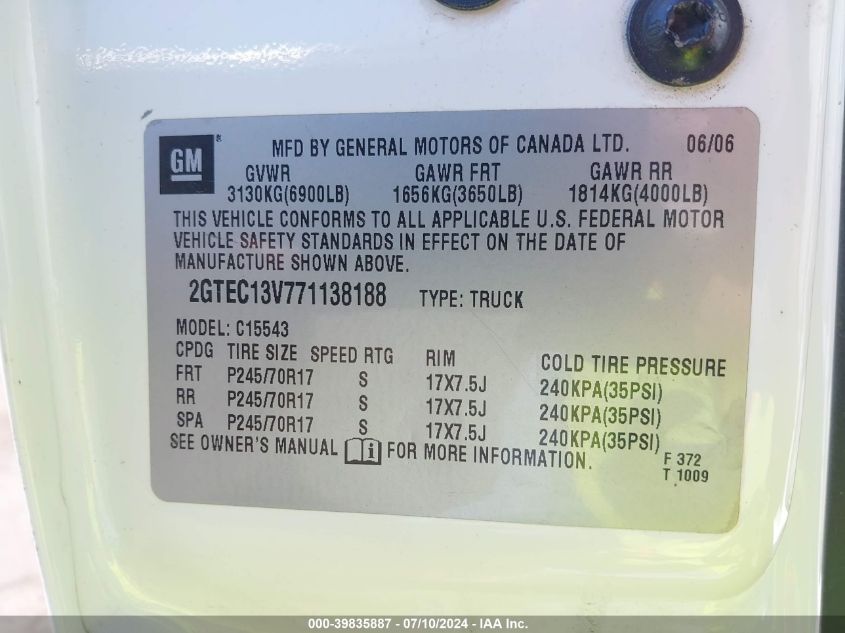 2007 GMC Sierra 1500 Classic Sl VIN: 2GTEC13V771138188 Lot: 39835887