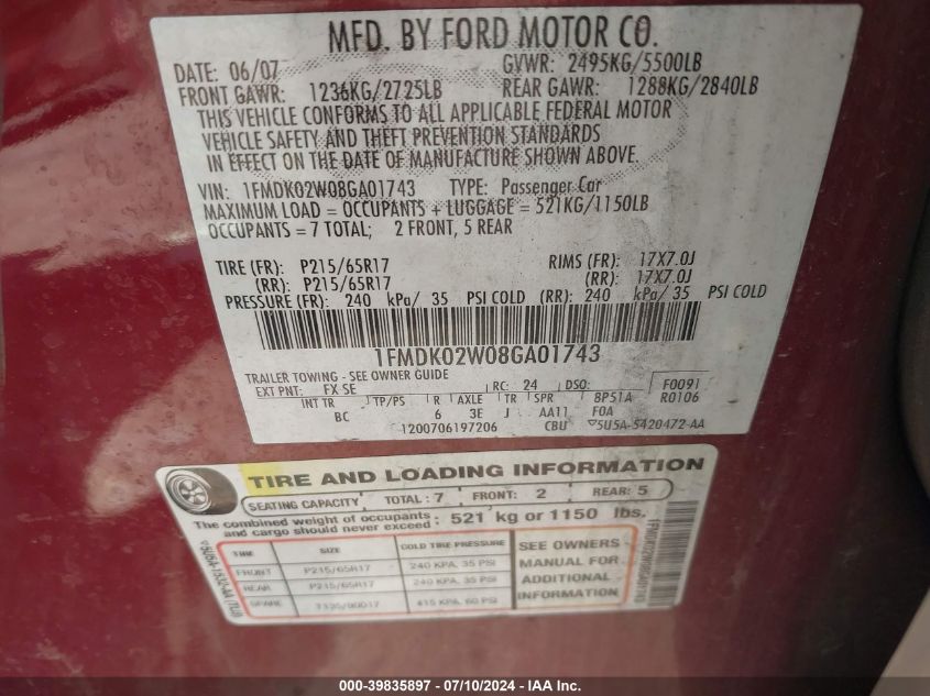 1FMDK02W08GA01743 2008 Ford Taurus X Sel