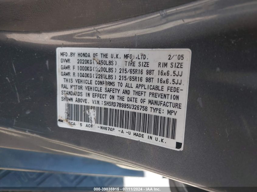 2005 Honda Cr-V Se VIN: SHSRD78995U326758 Lot: 39835915