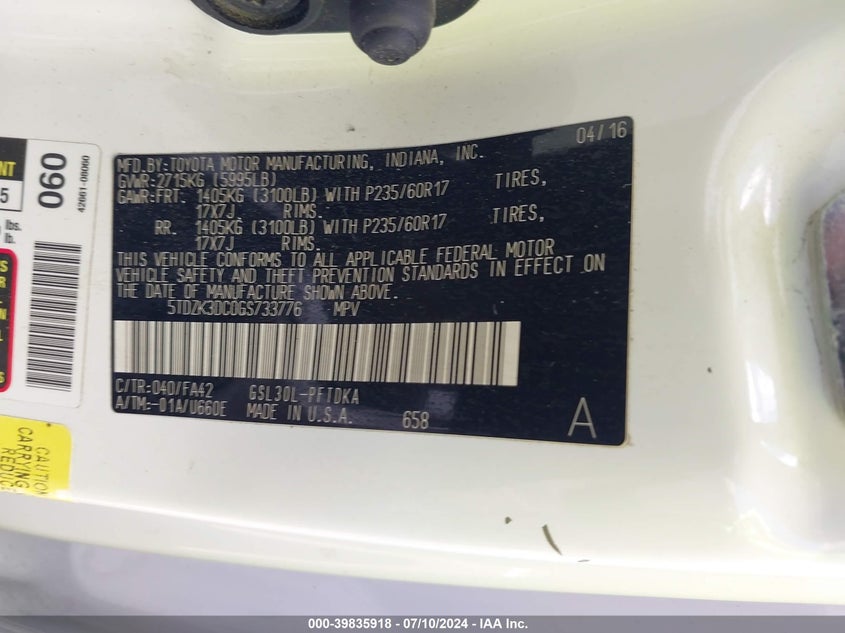 2016 Toyota Sienna L 7 Passenger VIN: 5TDZK3DC0GS733776 Lot: 39835918