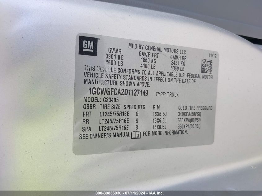 2013 Chevrolet Express 2500 Work Van VIN: 1GCWGFCA2D1127149 Lot: 39835930