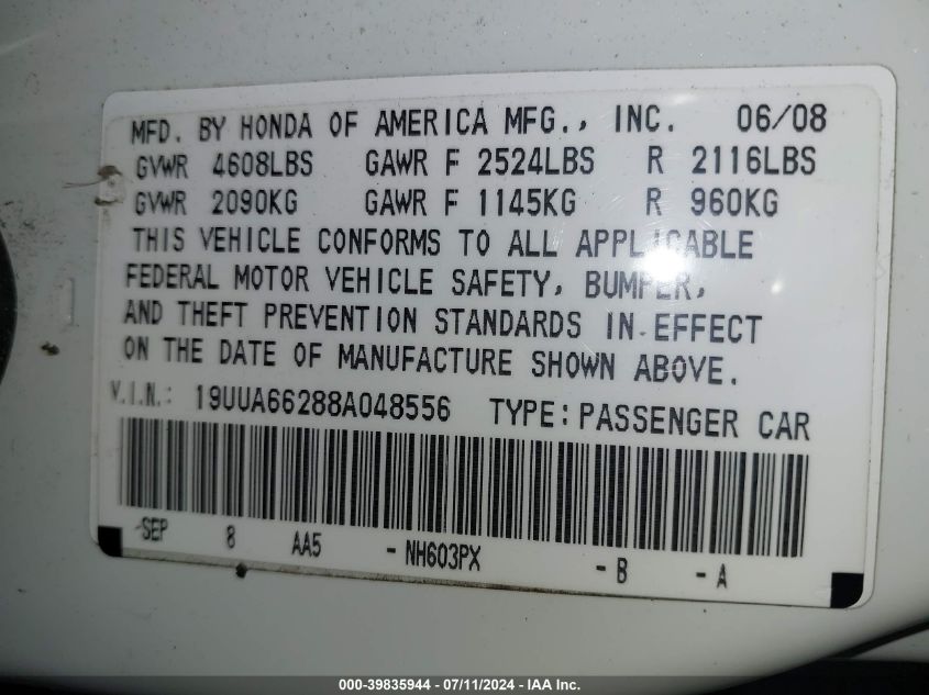 2008 Acura Tl 3.2 VIN: 19UUA66288A048556 Lot: 39835944