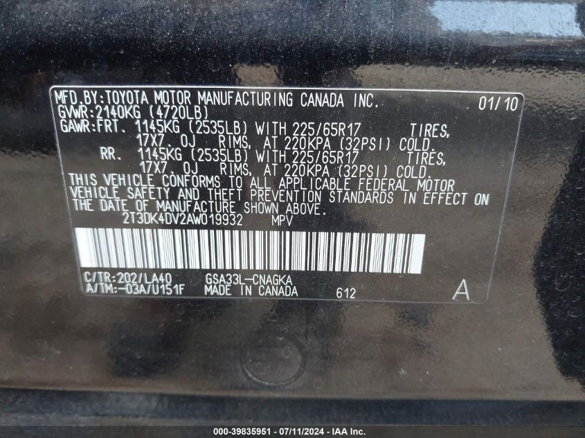 2010 Toyota Rav4 Limited V6 VIN: 2T3DK4DV2AW019932 Lot: 39835951