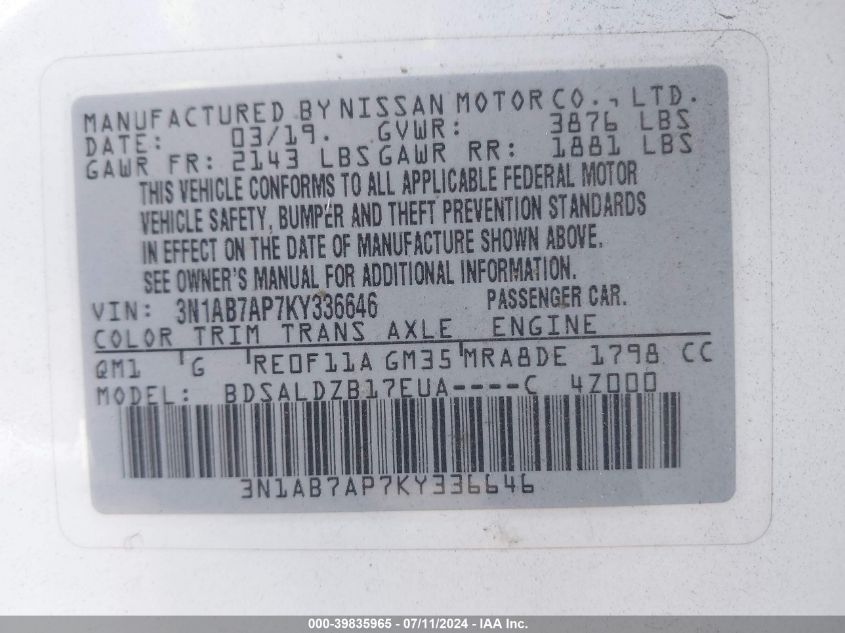 2019 Nissan Sentra Sv VIN: 3N1AB7AP7KY336646 Lot: 39835965