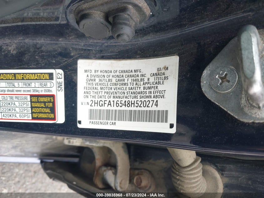 2008 Honda Civic Lx VIN: 2HGFA16548H520274 Lot: 39835968