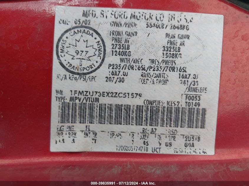 2002 Ford Explorer Xlt VIN: 1FMZU73EX2ZC51579 Lot: 39835991