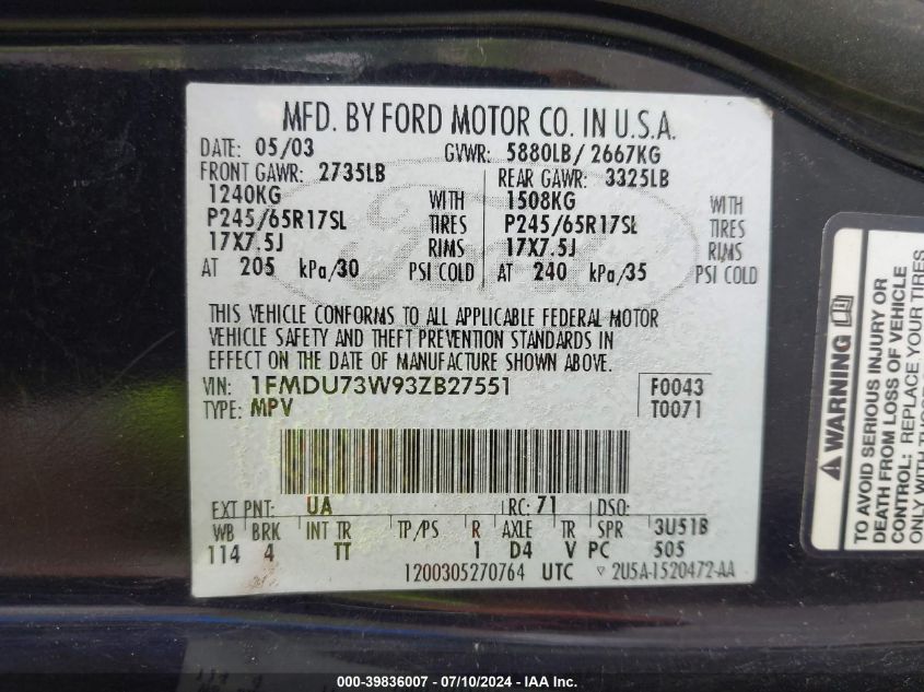 2003 Ford Explorer Xlt/Xlt Sport/Nbx VIN: 1FMDU73W93ZB27551 Lot: 39836007