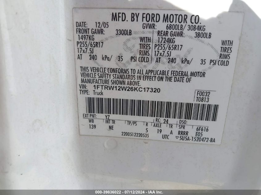 2006 Ford F-150 Xlt VIN: 1FTRW12W26KC17320 Lot: 39836022