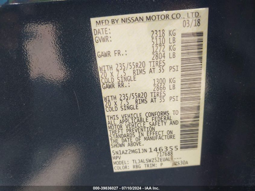 2018 Nissan Murano Platinum VIN: 5N1AZ2MG1JN146355 Lot: 39836027