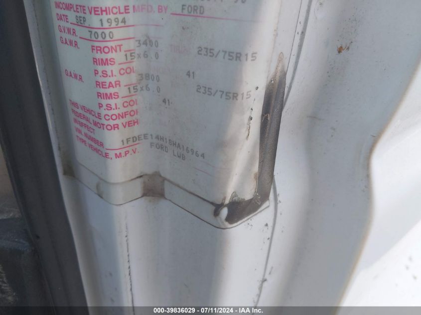 1995 Ford Econoline E150 Van VIN: 1FDEE14H1SHA16964 Lot: 39836029