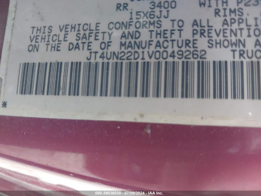 1997 Toyota T100 Dx V6 VIN: JT4UN22D1V0049262 Lot: 39836030