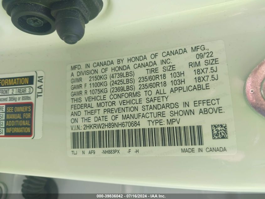 2022 Honda Cr-V Awd Ex-L VIN: 2HKRW2H89NH670684 Lot: 39836042
