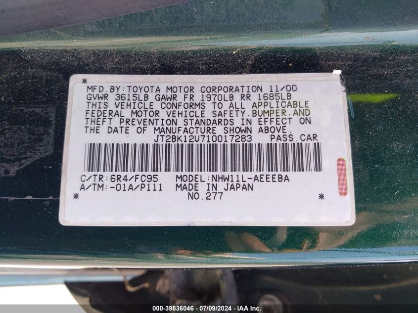 2001 Toyota Prius VIN: JT2BK12U710017283 Lot: 39836046