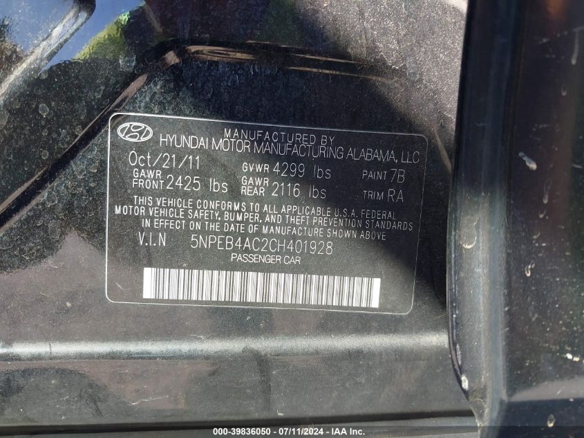 2012 Hyundai Sonata Gls VIN: 5NPEB4AC2CH401928 Lot: 39836050