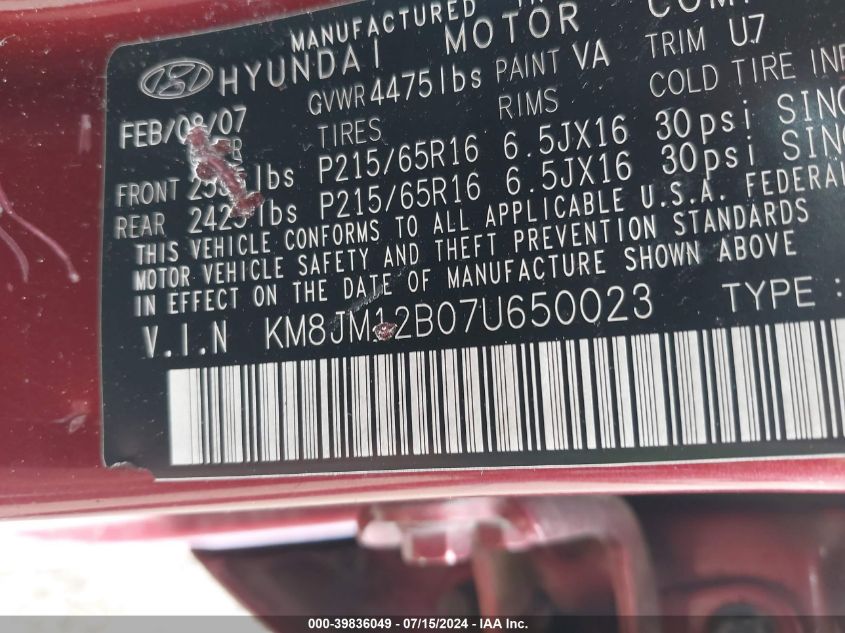 2007 Hyundai Tucson Gls VIN: KM8JM12B07U650023 Lot: 39836049