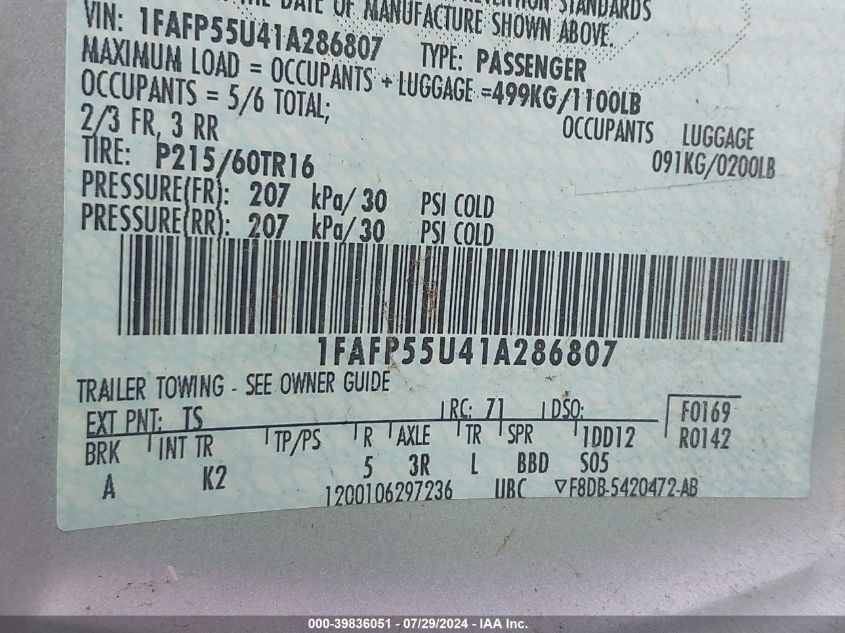 2001 Ford Taurus Ses VIN: 1FAFP55U41A286807 Lot: 39836051