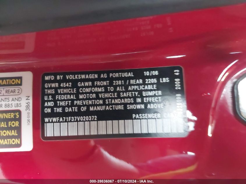 2007 Volkswagen Eos 2.0T VIN: WVWFA71F37V020372 Lot: 39836067