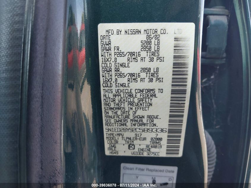 2002 Nissan Xterra Xe VIN: 5N1ED28Y92C589336 Lot: 39836078