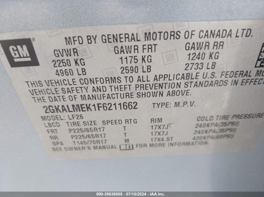 2015 GMC Terrain Sle-1 VIN: 2GKALMEK1F6211662 Lot: 39836085