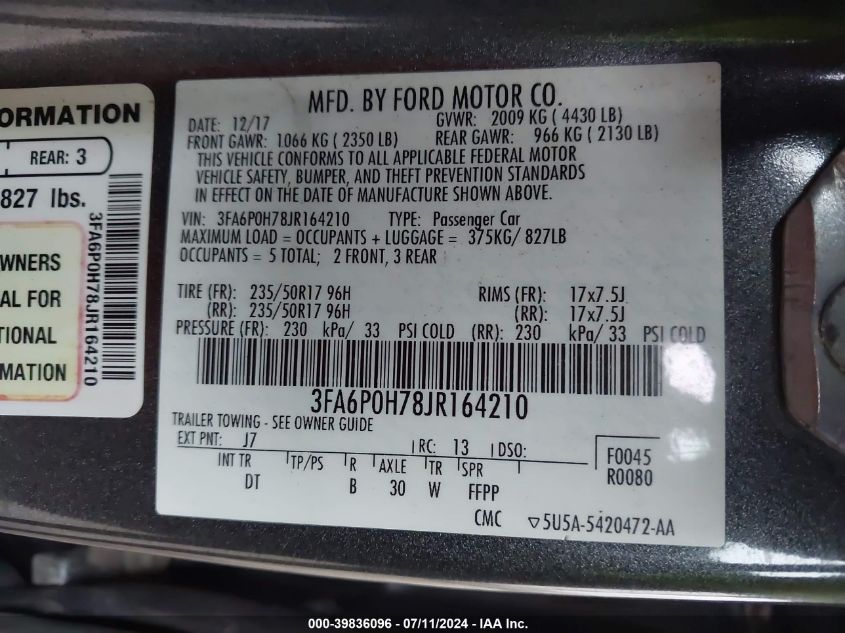 2018 FORD FUSION SE - 3FA6P0H78JR164210