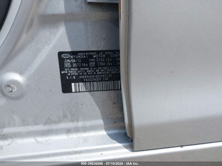 2013 Hyundai Elantra Limited VIN: KMHDH4AE4DU565146 Lot: 39836098