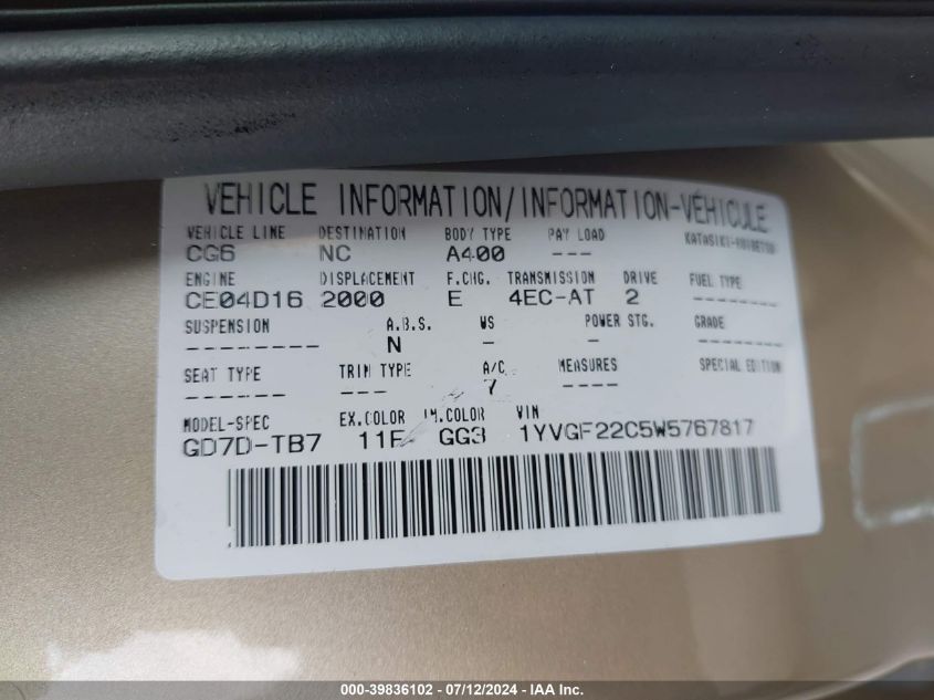 1998 Mazda 626 Dx/Lx VIN: 1YVGF22C5W5767817 Lot: 39836102