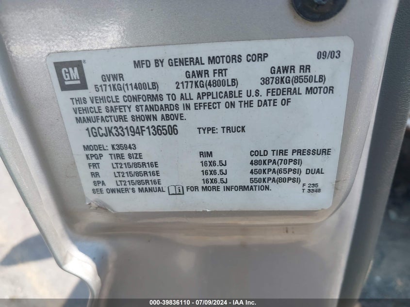2004 Chevrolet Silverado 3500 Ls VIN: 1GCJK33194F136506 Lot: 39836110