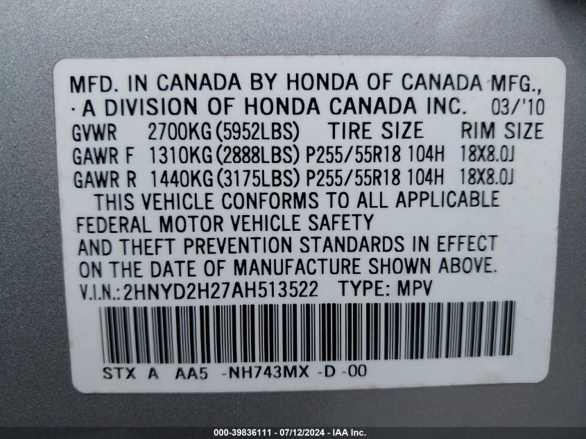 2010 Acura Mdx VIN: 2HNYD2H27AH513522 Lot: 39836111
