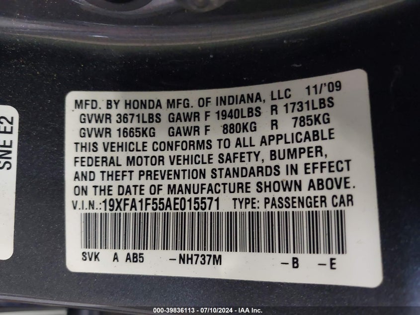 2010 Honda Civic Lx VIN: 19XFA1F55AE015571 Lot: 39836113