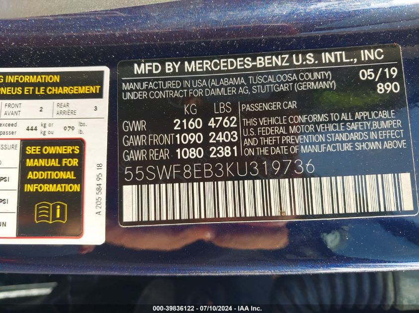 2019 Mercedes-Benz C 300 4Matic VIN: 55SWF8EB3KU319736 Lot: 39836122