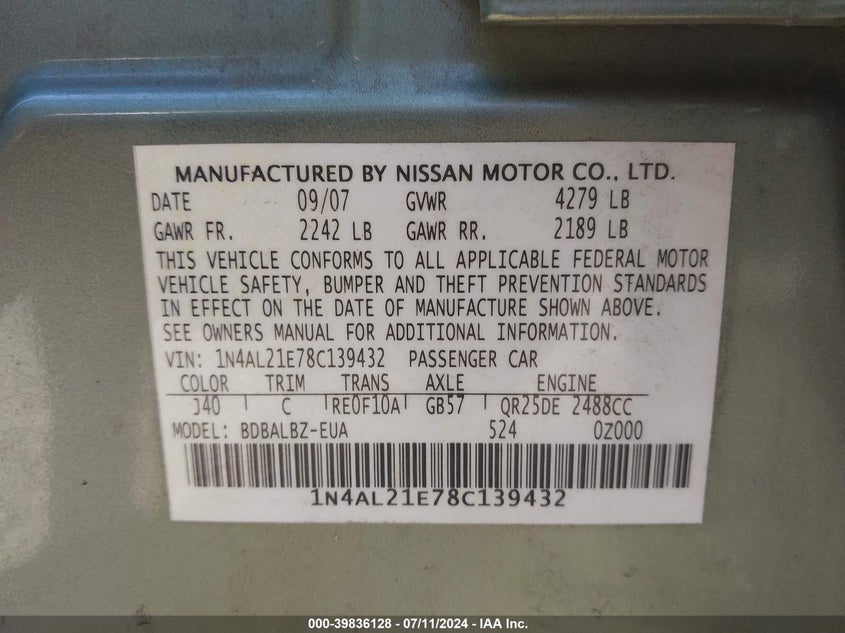 2008 Nissan Altima 2.5 S VIN: 1N4AL21E78C139432 Lot: 39836128