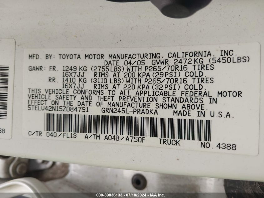 2005 Toyota Tacoma Base V6 VIN: 5TELU42N15Z084791 Lot: 39836133