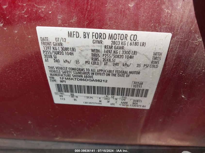 2013 Ford Explorer Xlt VIN: 1FM5K7D86DGA98212 Lot: 39836141