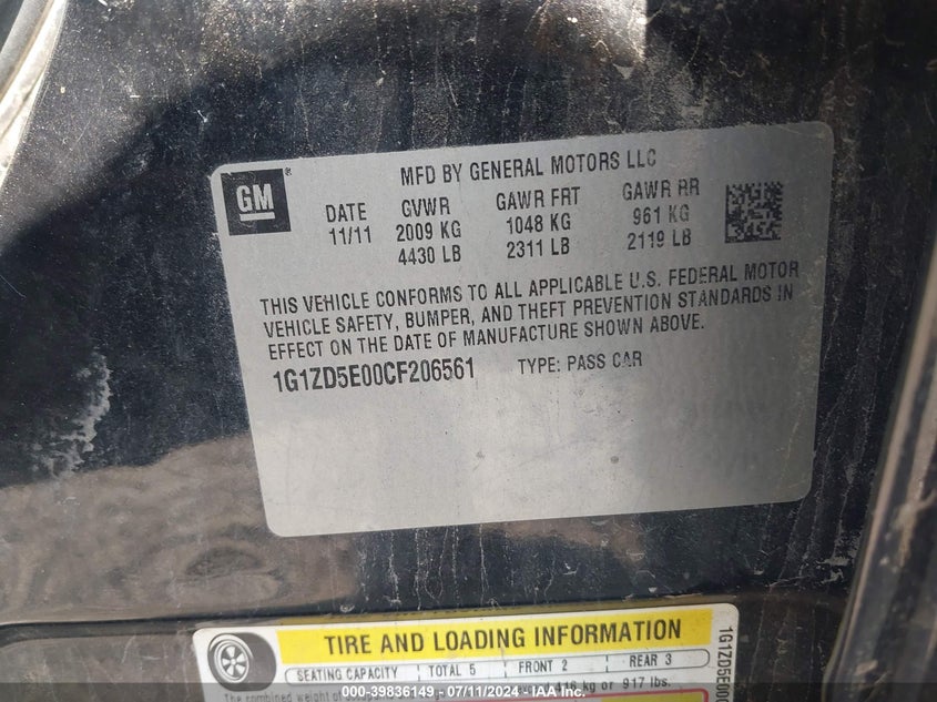 2012 Chevrolet Malibu 2Lt VIN: 1G1ZD5E00CF206561 Lot: 39836149