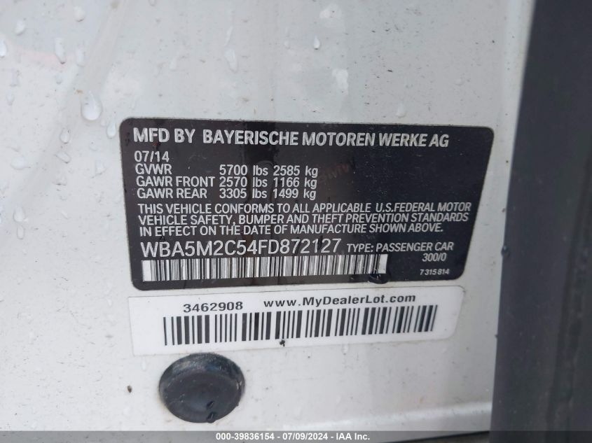 2015 BMW 535I Gran Turismo VIN: WBA5M2C54FD872127 Lot: 39836154