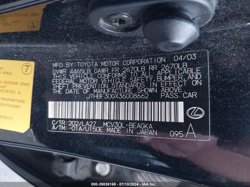 2003 Lexus Es 300 VIN: JTHBF30GX36008662 Lot: 39836168