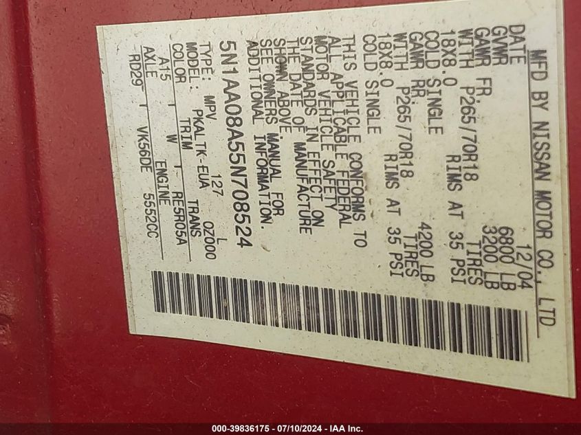 2005 Nissan Armada Se VIN: 5N1AA08A55N708524 Lot: 39836175