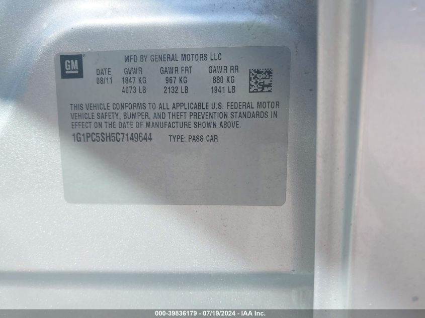 2012 Chevrolet Cruze Ls VIN: 1G1PC5SH5C7149644 Lot: 39836179