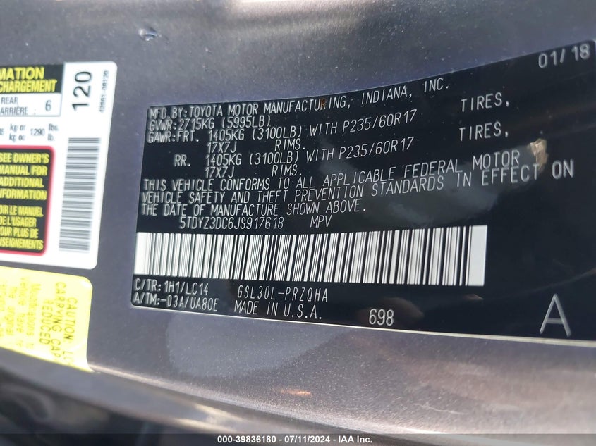 VIN 5TDYZ3DC6JS917618 2018 TOYOTA SIENNA XLE/XLE PREMIUM/LIMITED/L