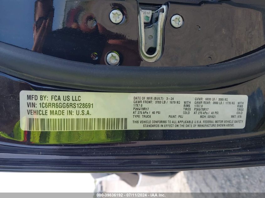 2024 Ram 1500 Classic Slt Quad Cab 4X2 6'4 Box VIN: 1C6RR6GG6RS128691 Lot: 39836192