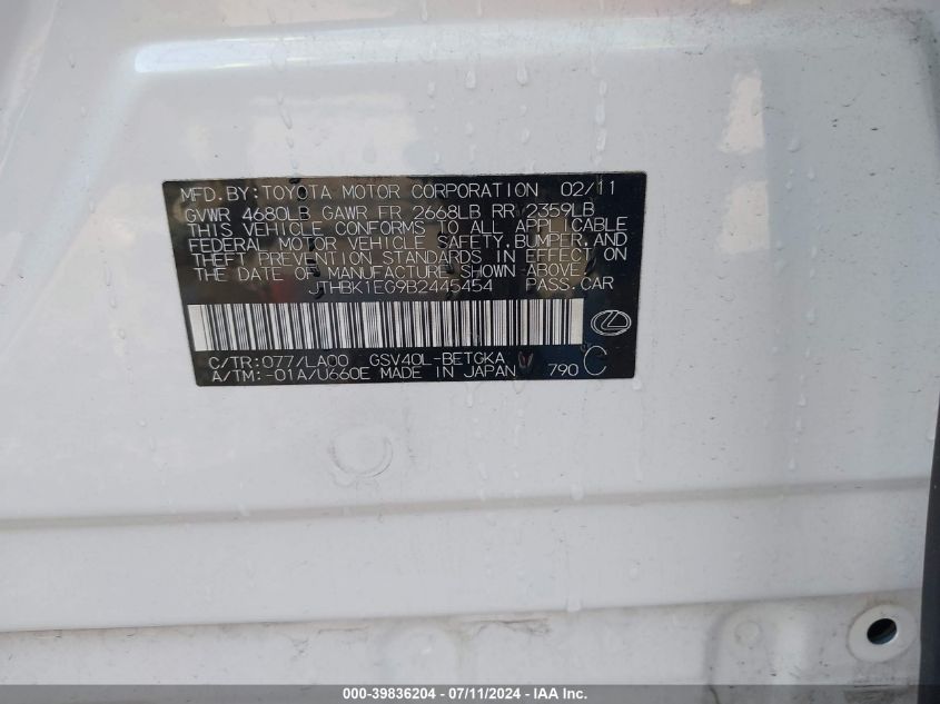 2011 Lexus Es 350 VIN: JTHBK1EG9B2445454 Lot: 39836204