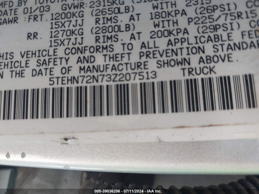 2003 Toyota Tacoma Base V6 VIN: 5TEHN72N73Z207513 Lot: 39836206