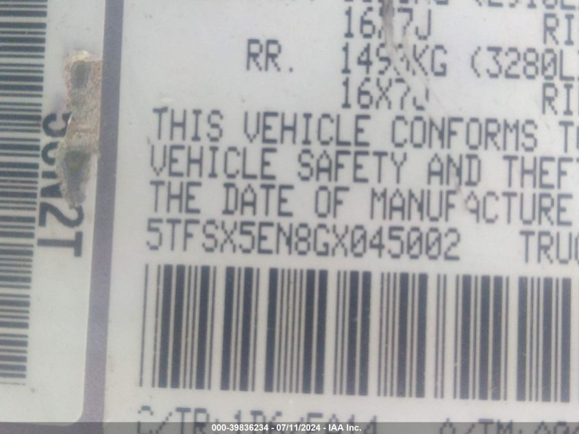 2016 Toyota Tacoma Sr VIN: 5TFSX5EN8GX045002 Lot: 39836234
