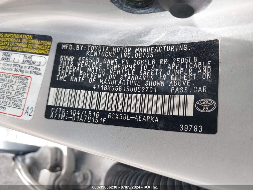 2005 Toyota Avalon Limited VIN: 4T1BK36B15U052701 Lot: 39836238