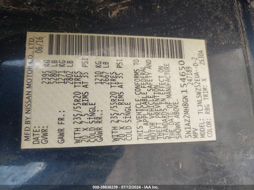 2016 Nissan Murano Platinum VIN: 5N1AZ2MH8GN154650 Lot: 39836239